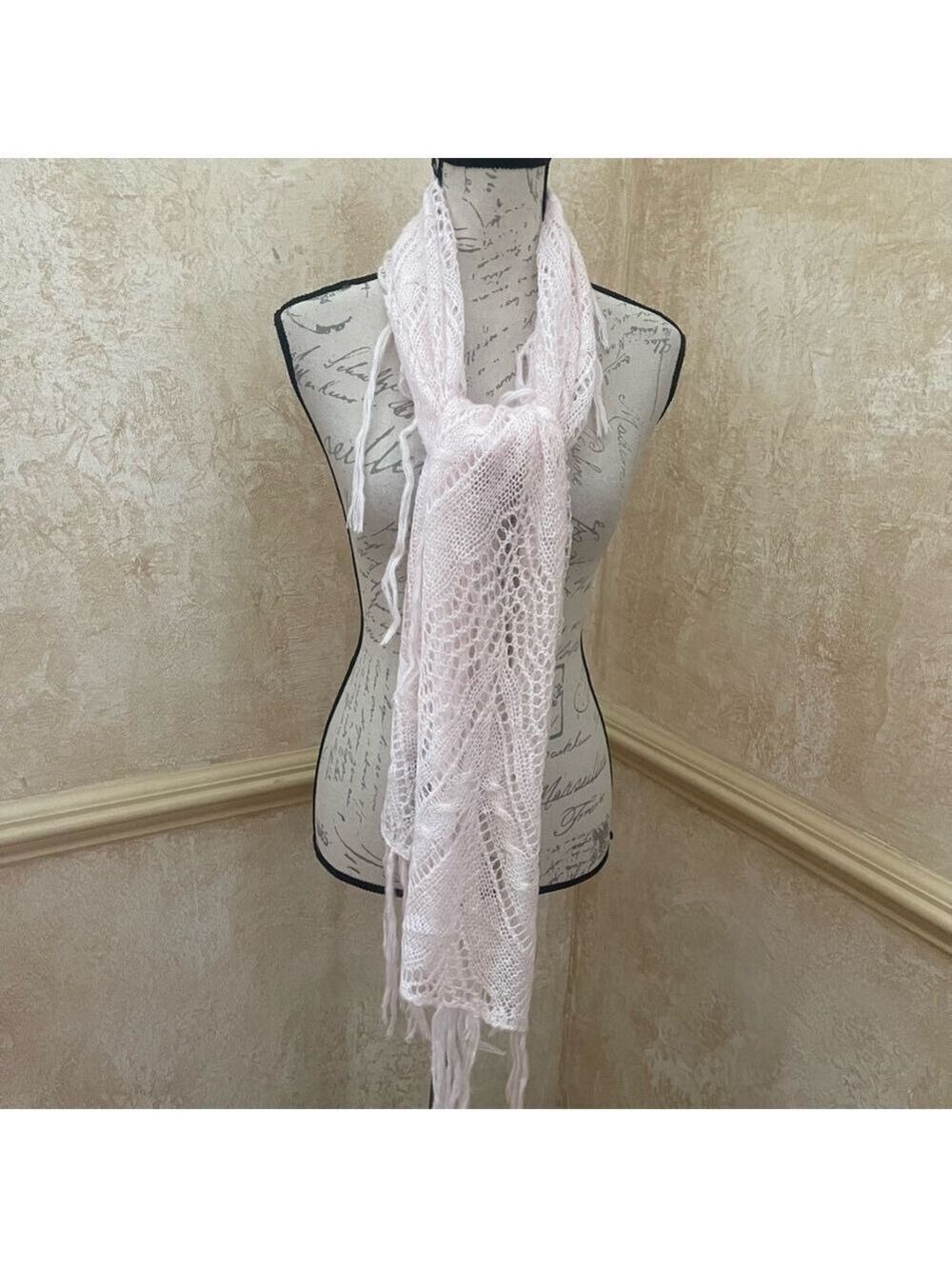 Fairycore Aesthetic Pointelle Knit Scarf with Fringe Trim Crochet Delicate Lace